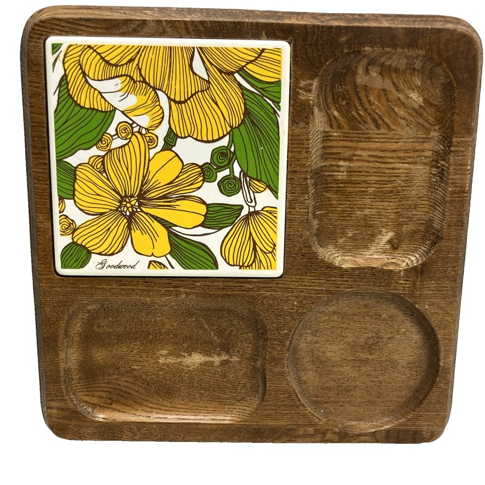 70s Vintage Yellow Floral Tile Hardwood Signed Cutting Charcuterie Board Japan